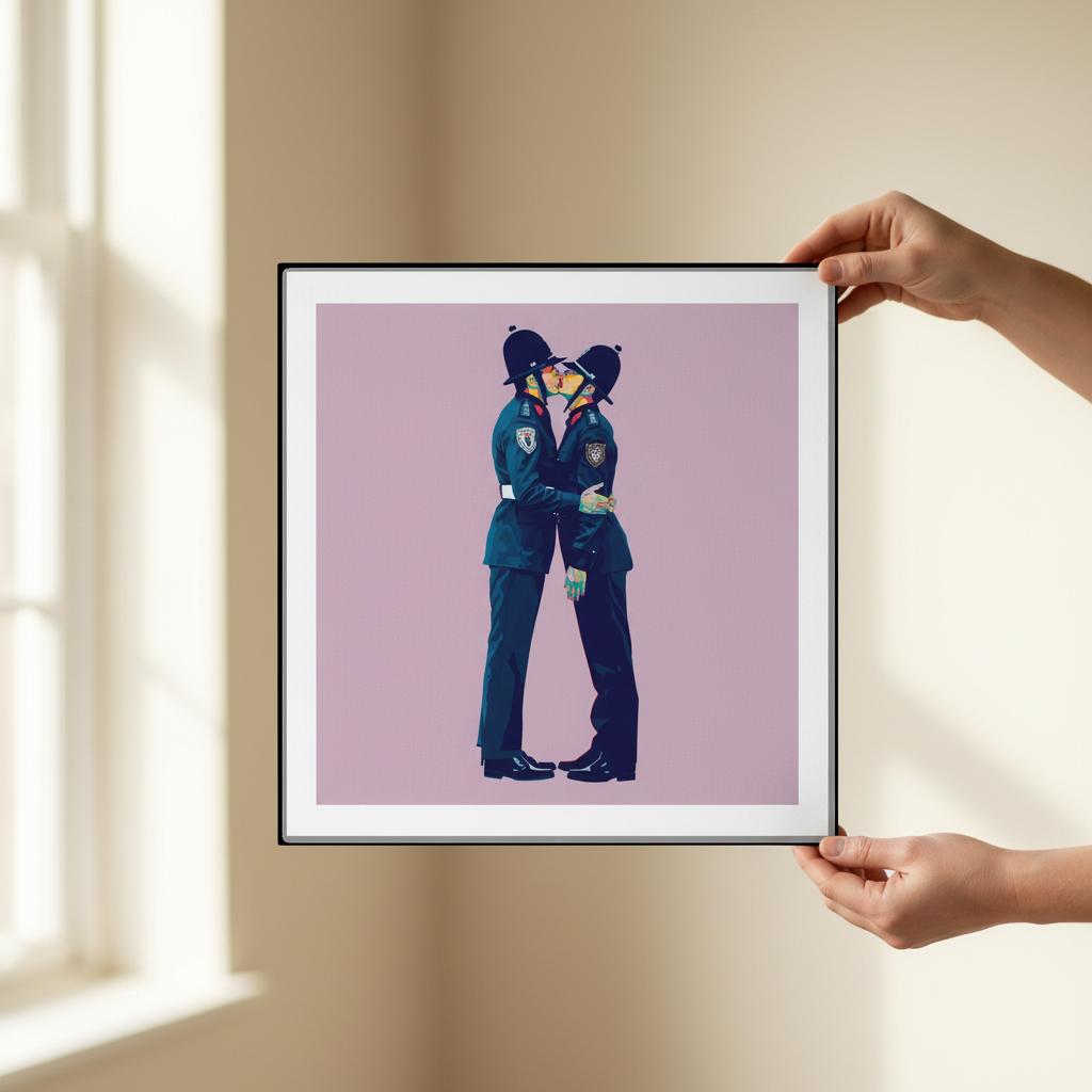 Framed artwork of policemen in a blue uniform against a pink background, held by a hand.