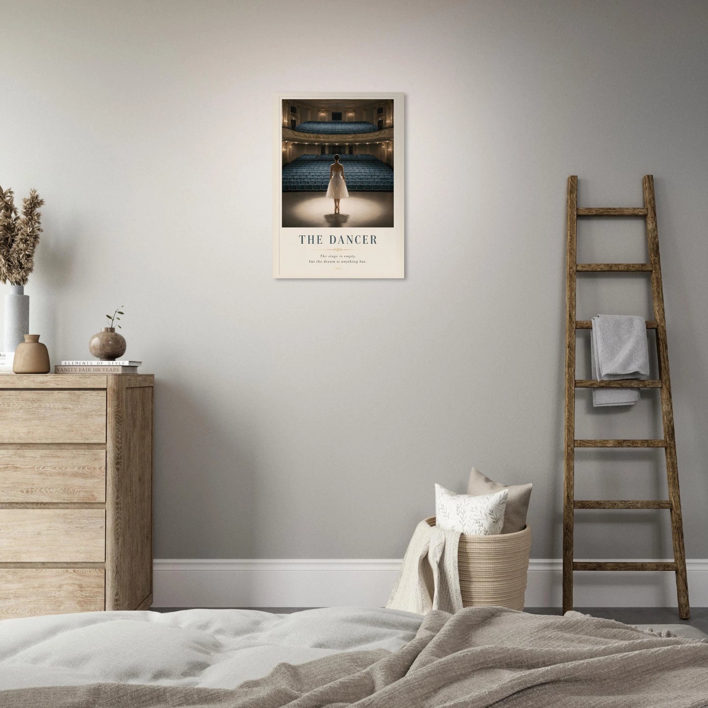 The Dancer fine art photography print displayed above a bed in a calm contemporary bedroo