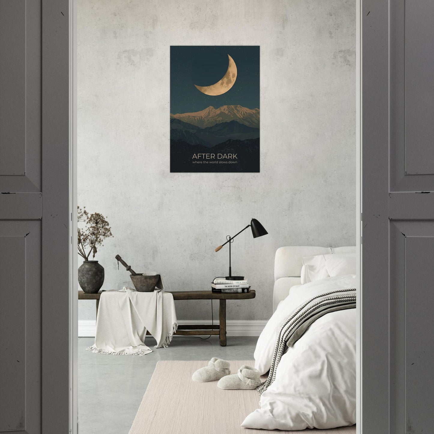After Dark poster hanging in a contemporary bedroom, creating a serene focal point with celestial and mountain-inspired artwork