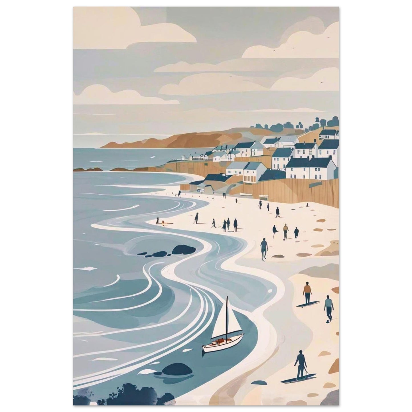 Coastal Village & Flowing Waves modern seaside wall art print