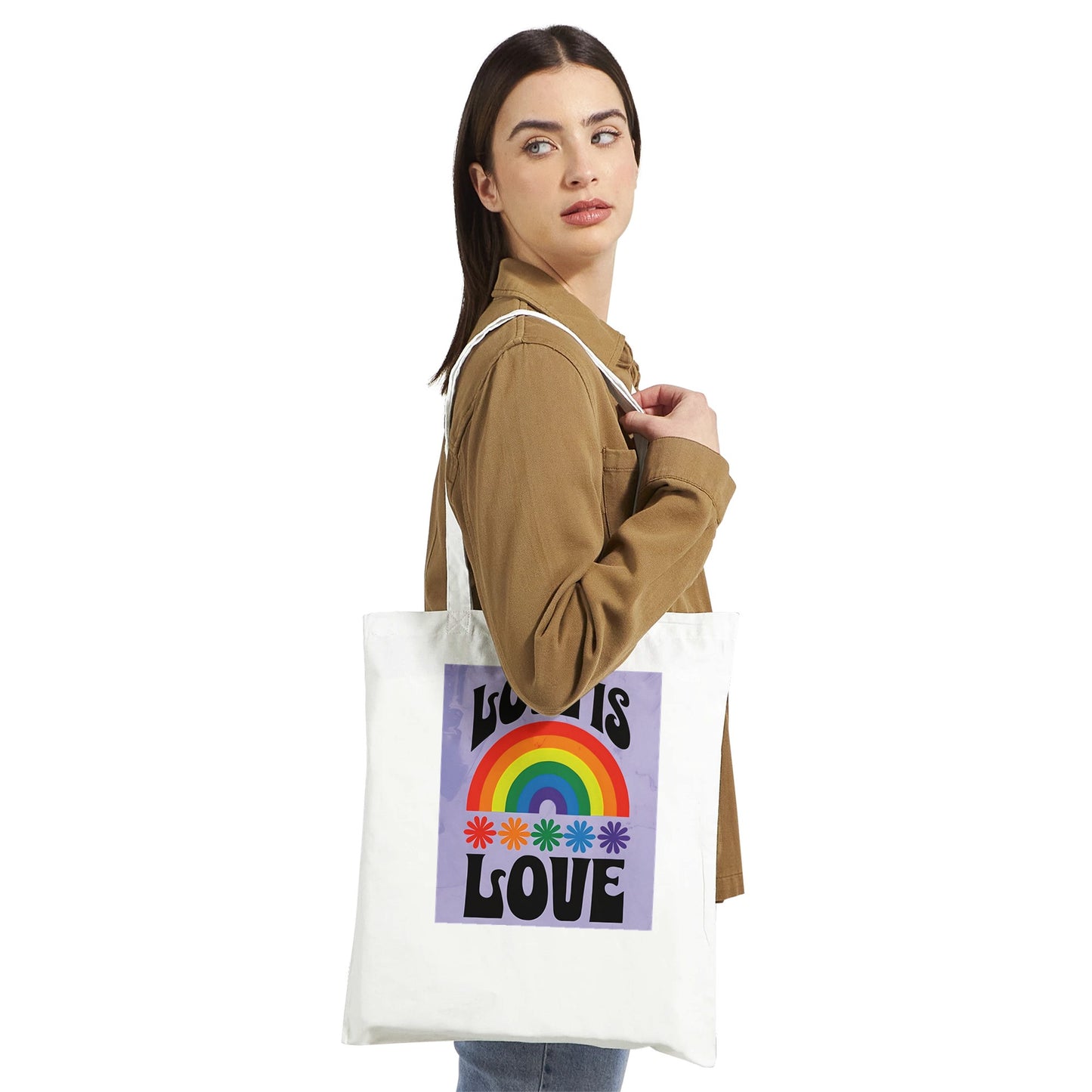 Love Is Love Tote Bag – LGBTQ+ Pride Rainbow Shopper Bag | Eco-Friendly Reusable Cotton Tote with Retro 70s Style Design