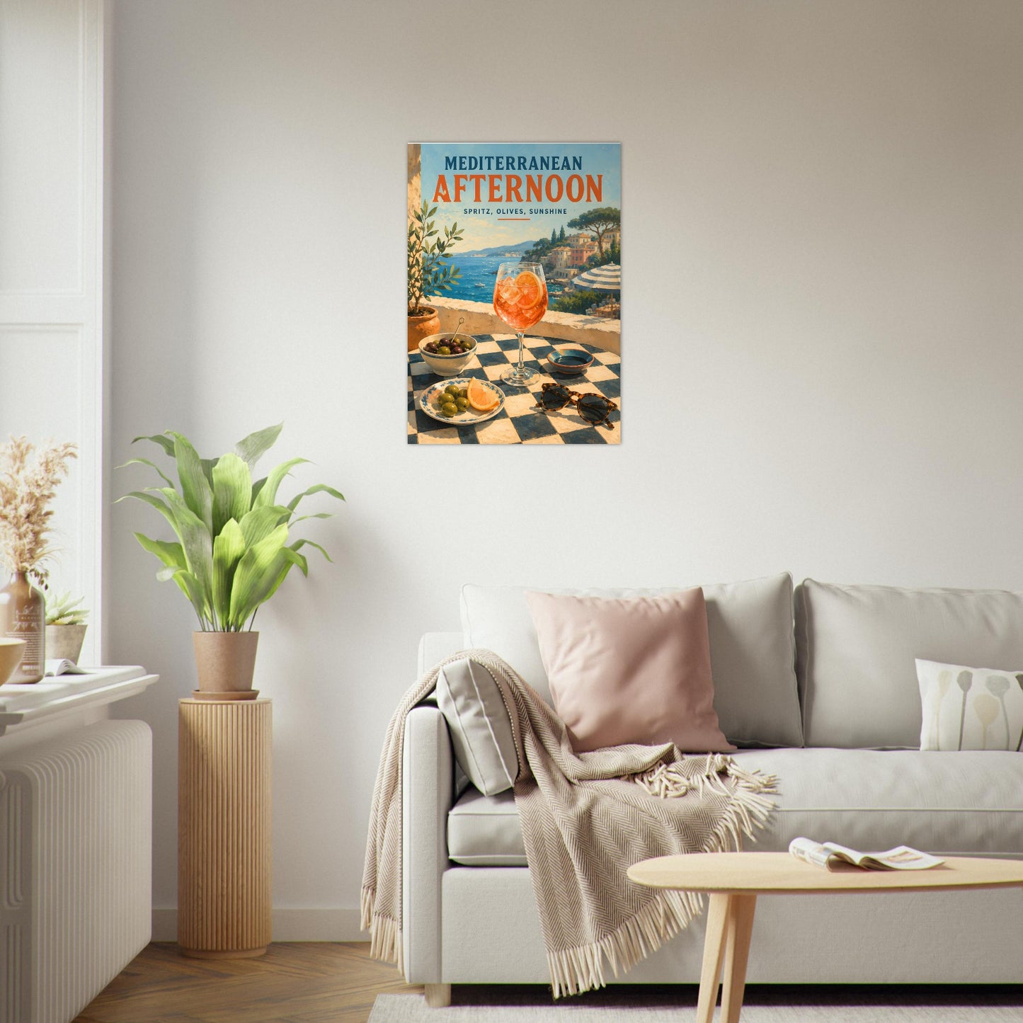 Italian coastal wall art displayed in a modern lounge room with soft neutral décor