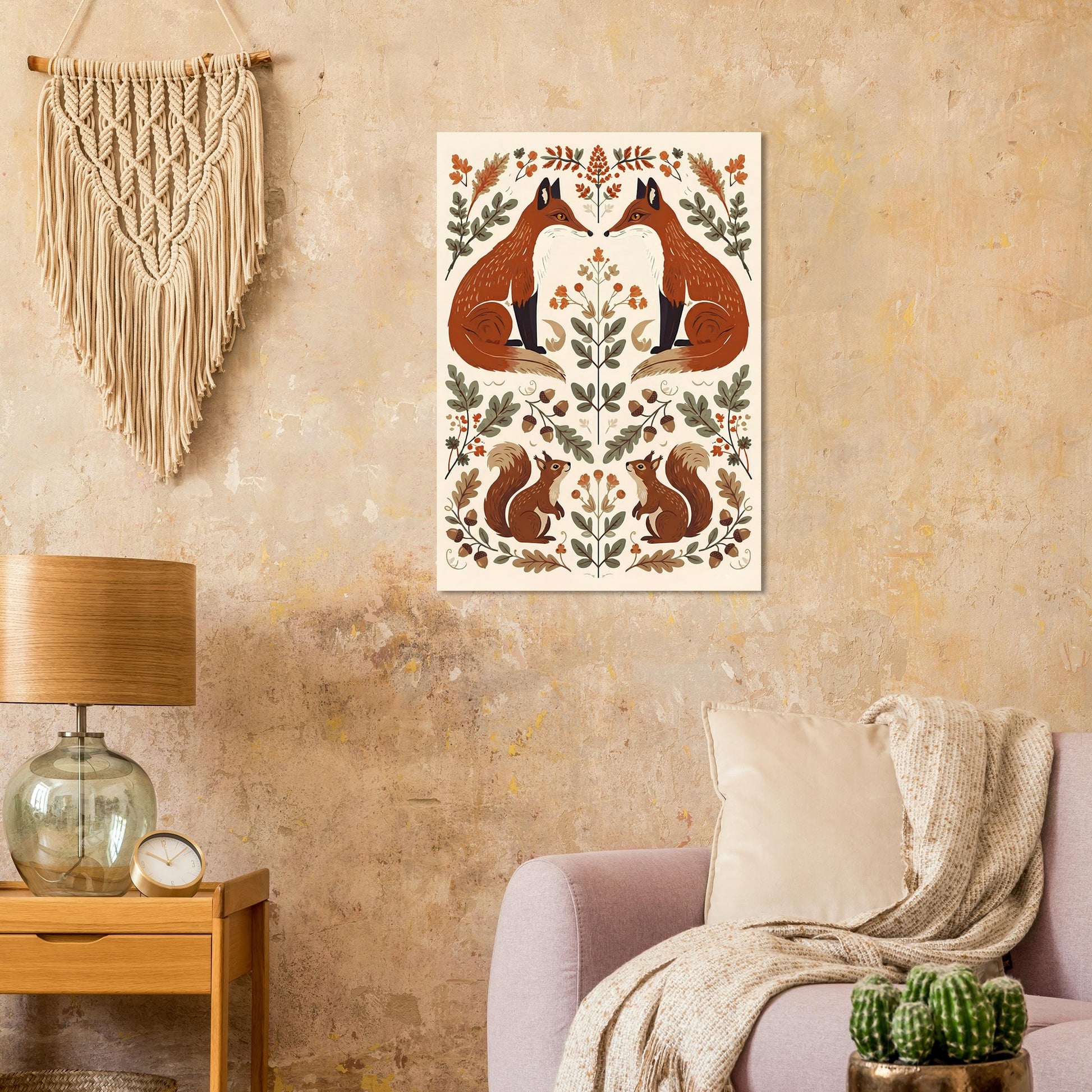 Foxes & Ferns poster displayed in a cosy bedroom with warm neutral décor and cottagecore styling.