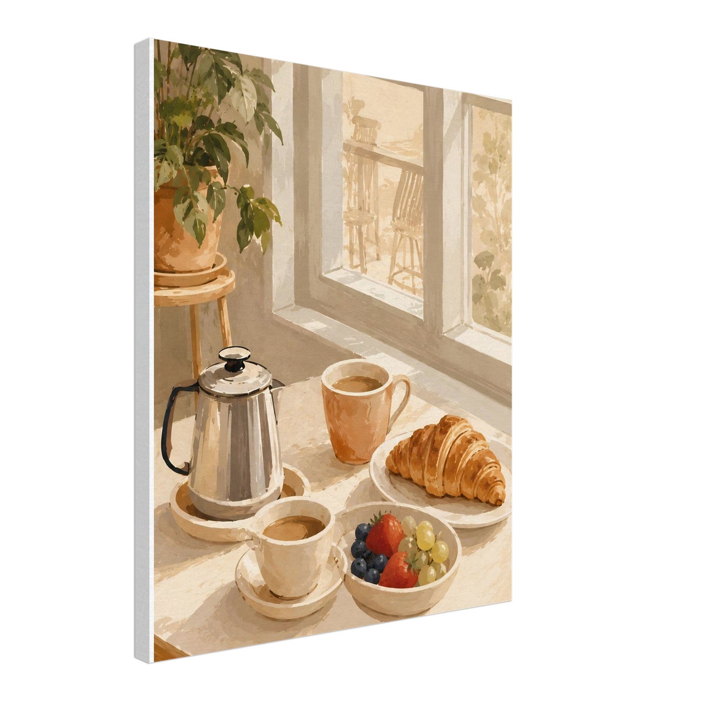 Canvas print of a breakfast scene with coffee, croissant, and fruit on a windowsill.