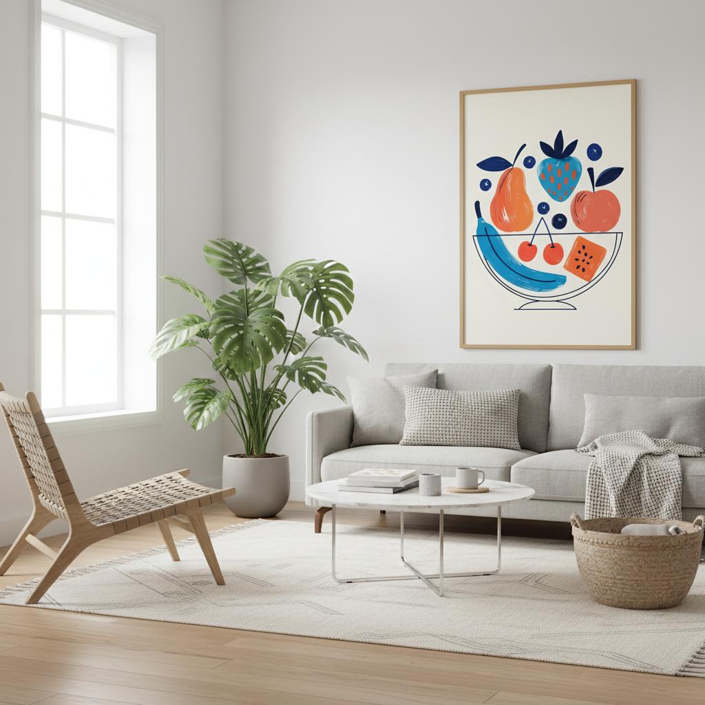 Modern Fruit Bowl Poster - Scandinavian Kitchen Wall Art - Colorful Food Illustration Print