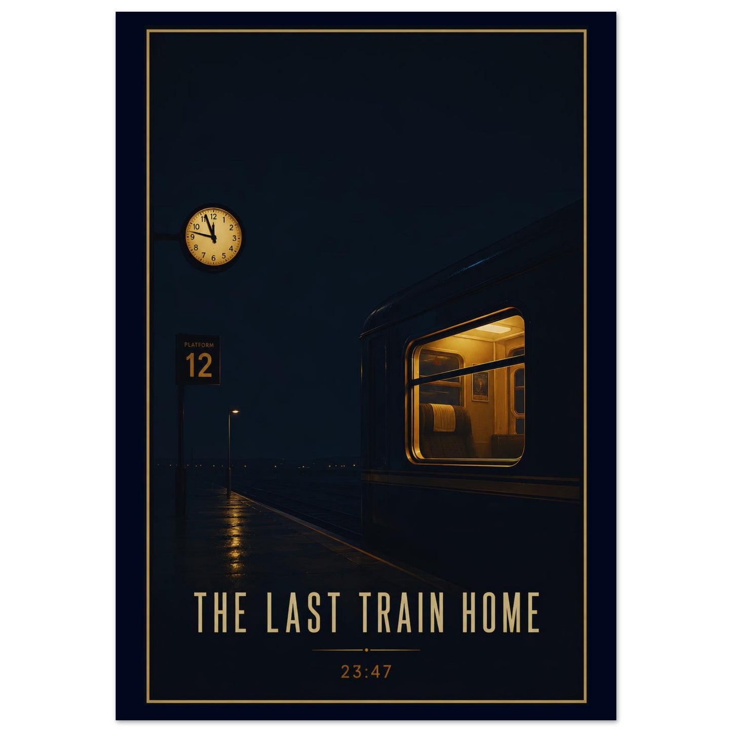 Poster of a train at night with a clock and text 'The Last Train Home'.