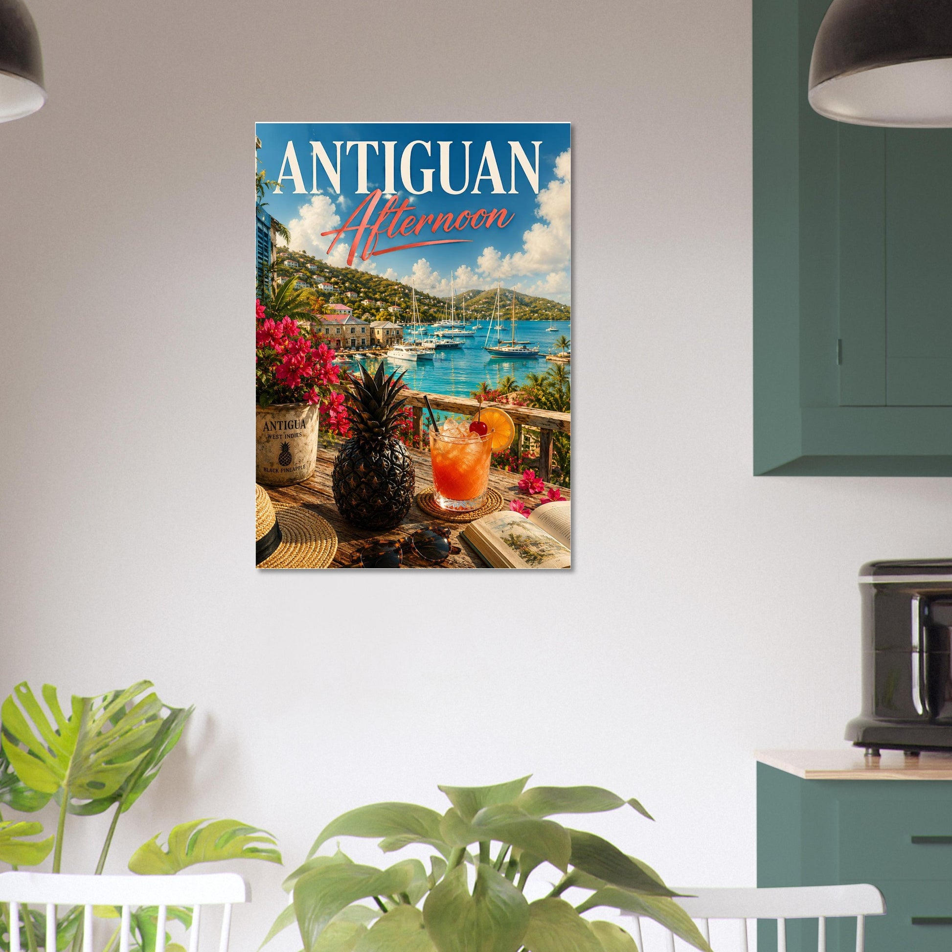 Canvas print of 'Antiguan Afternoon' hanging on a wall in a room with plants and furniture.