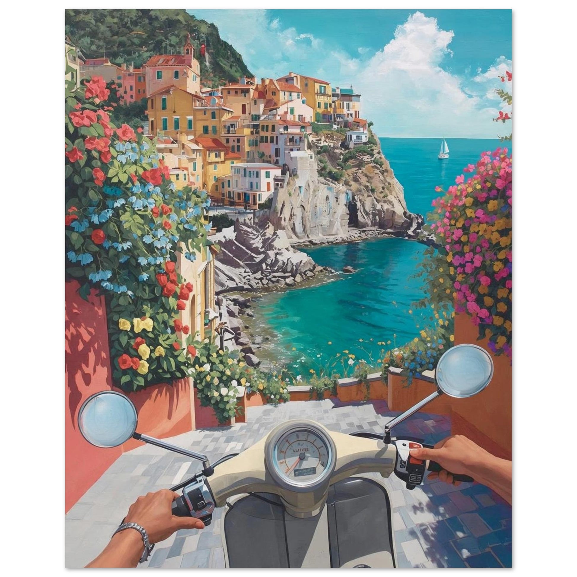 Poster of a coastal scene with a scooter 