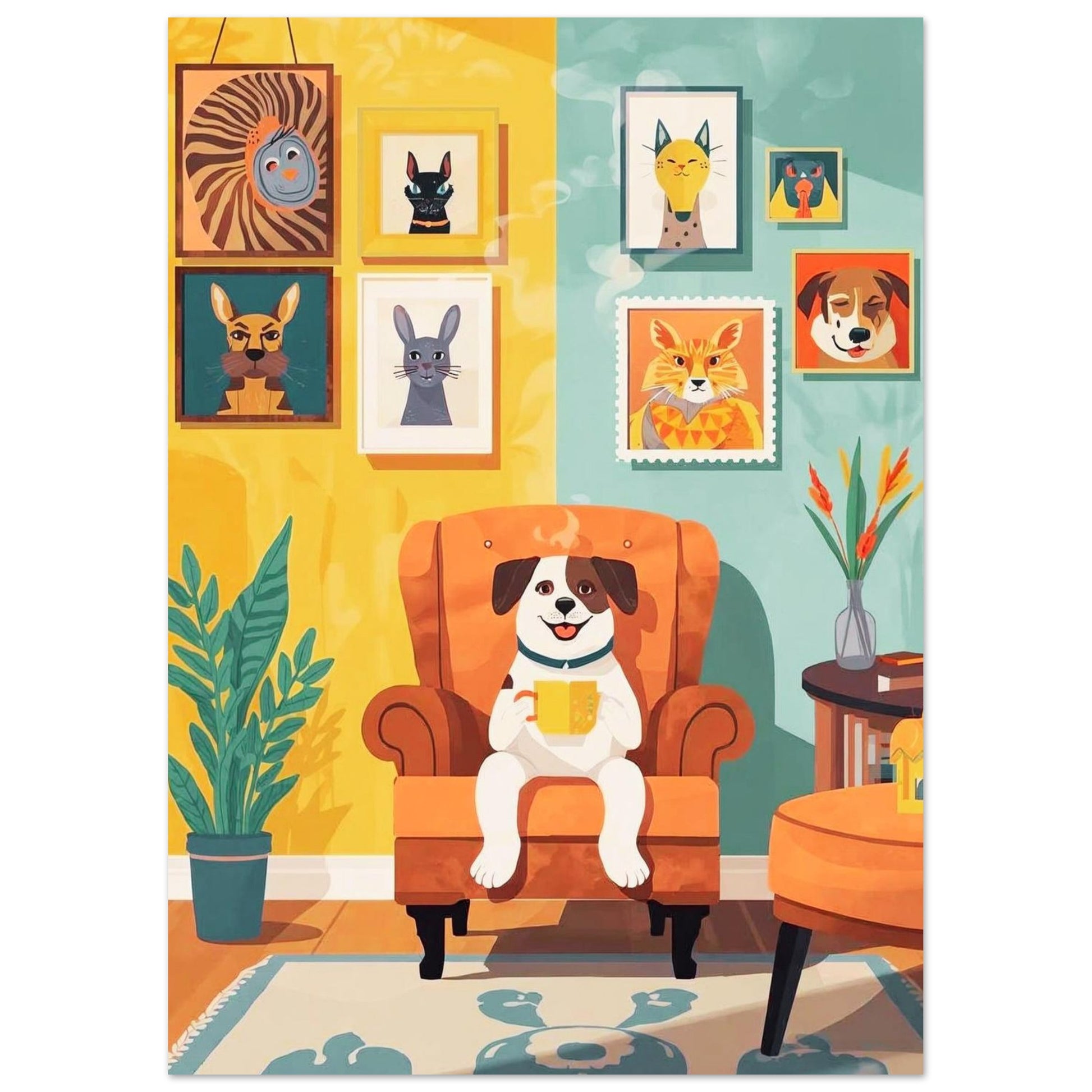 Illustration of a dog sitting in an armchair with a cup, surrounded by framed animal portraits on a wall.