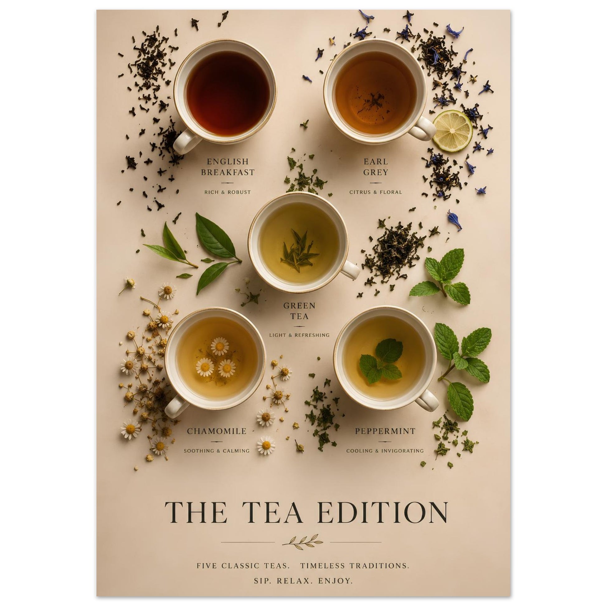 Tea Edition Poster close-up showing five classic teas with botanical elements, loose tea leaves and warm neutral tones.