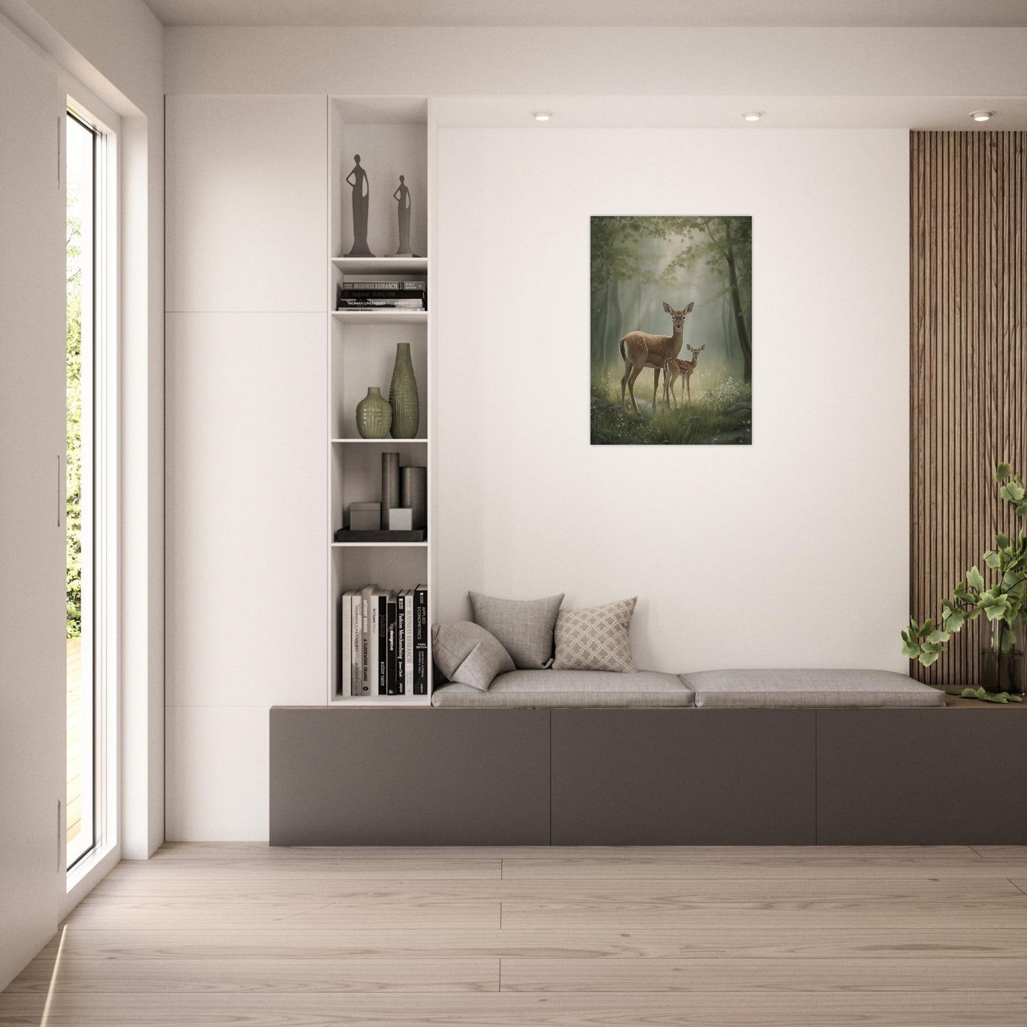 deer wall art framed print in minimalist interior with soft natural light