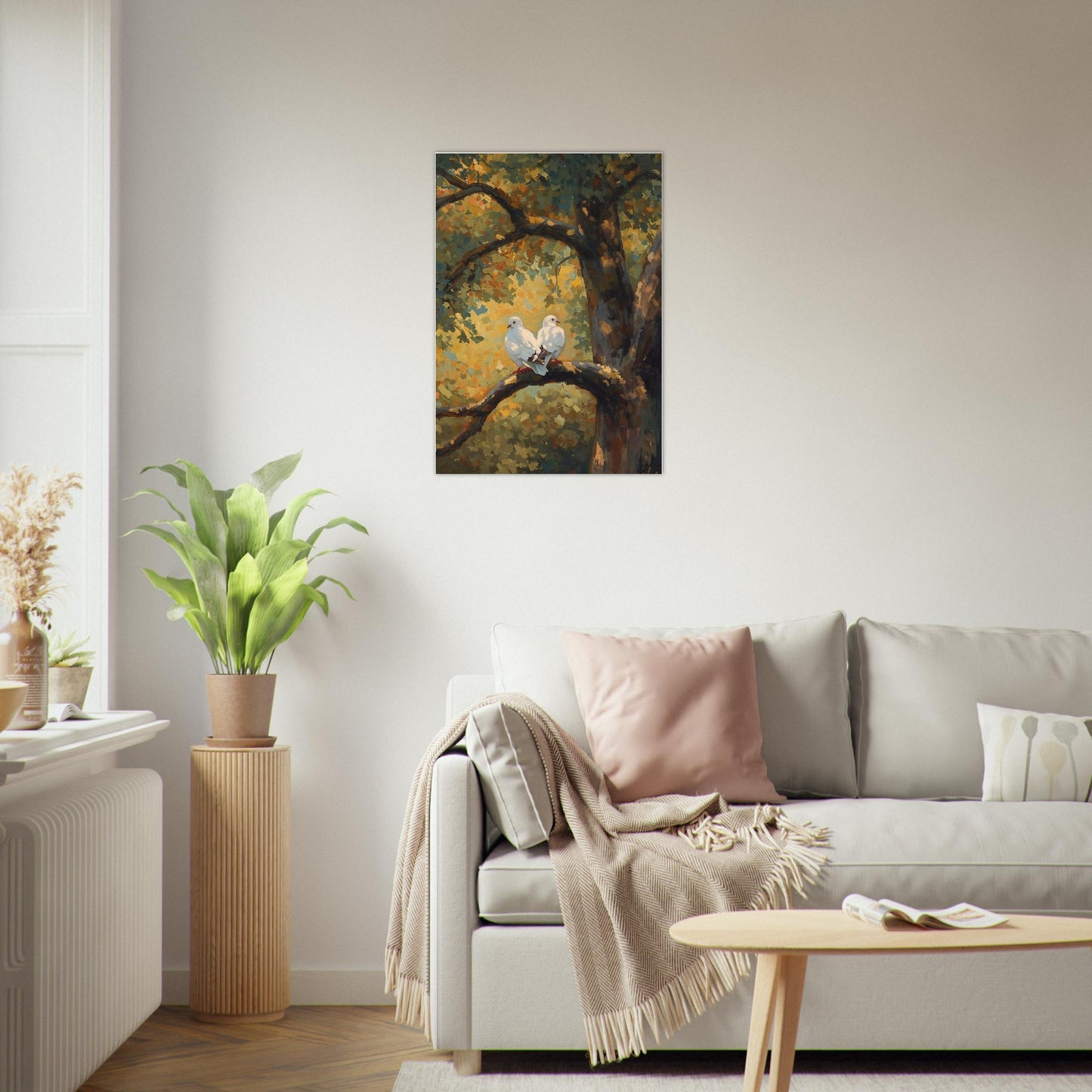 Living room with a painting of two birds on a branch above a sofa.