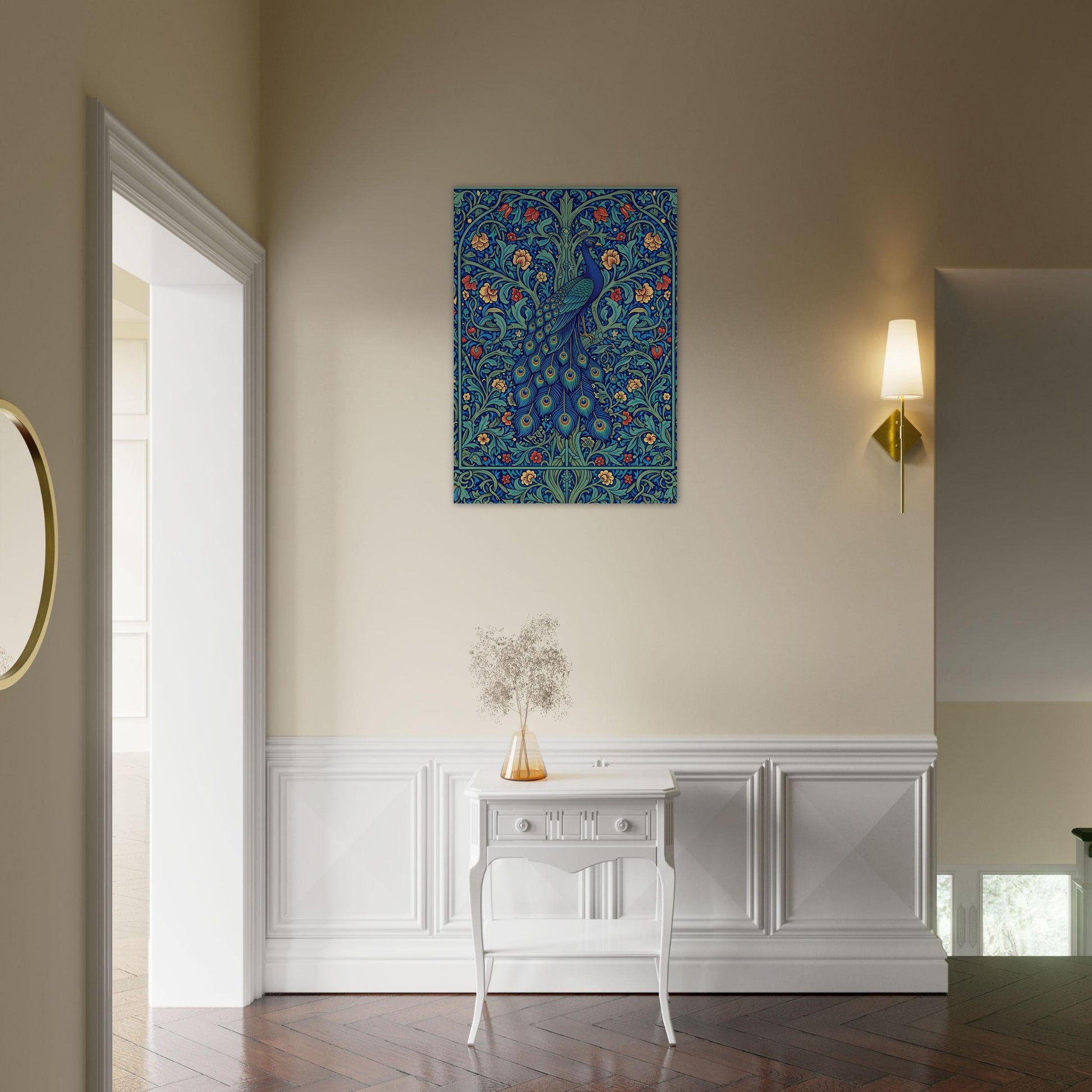 A vertical canvas art print featuring a detailed blue peacock pattern, displayed on a beige wall in a styled hallway above a white console table.