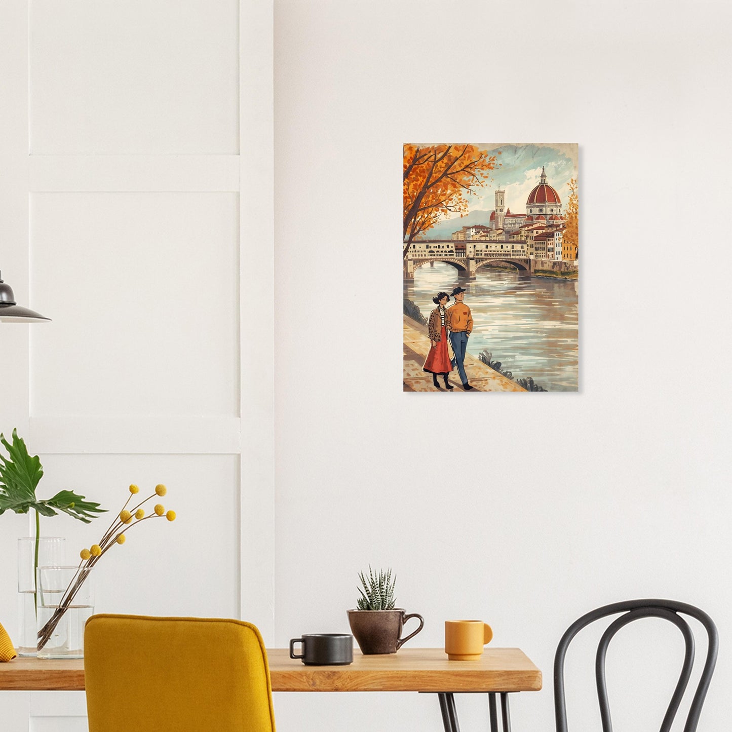 Florence folk art wall print featuring a couple walking beside the Arno River with the Duomo skyline in warm autumn tones