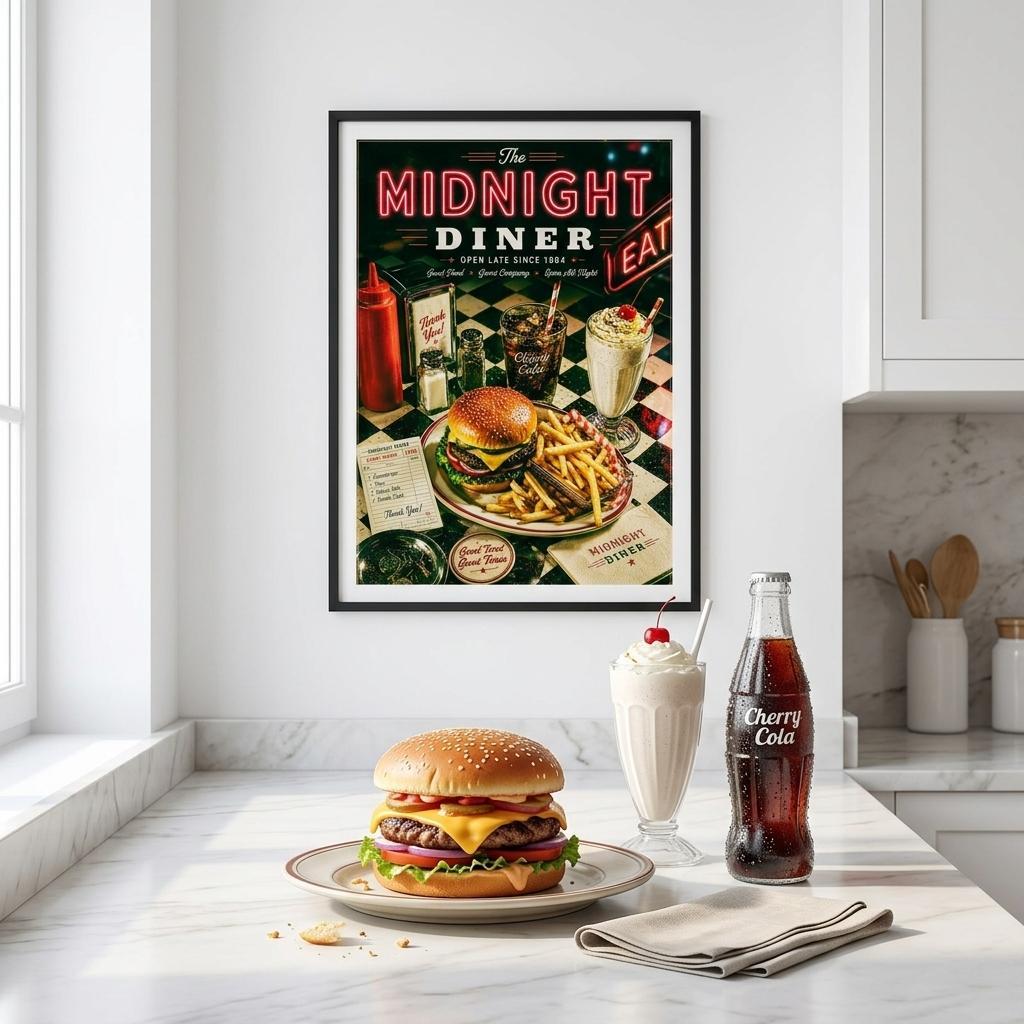 Retro diner poster displayed in a bright kitchen featuring a cheeseburger, fries, cherry cola and milkshake beneath neon signs