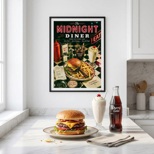 Retro diner poster displayed in a bright kitchen featuring a cheeseburger, fries, cherry cola and milkshake beneath neon signs