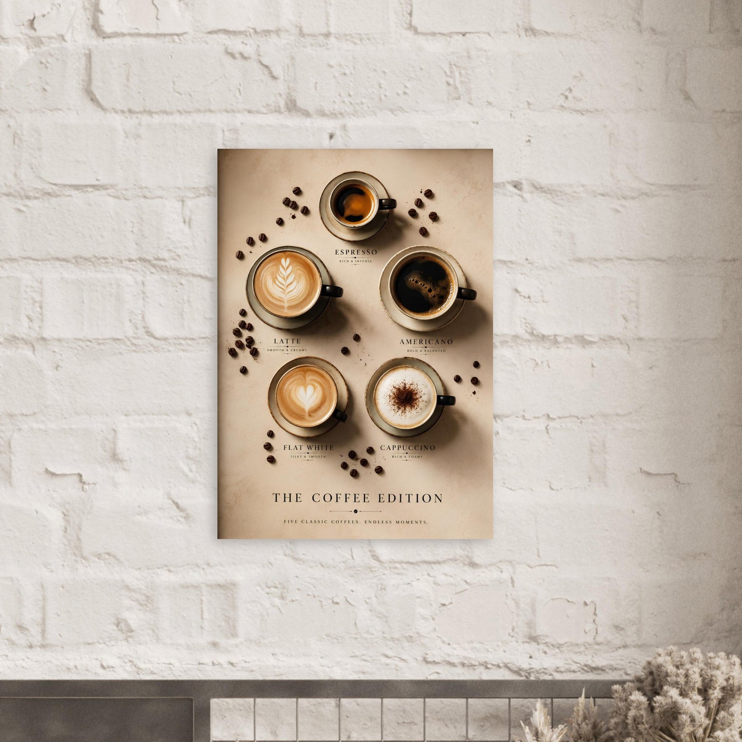 Poster of coffee cups and beans on a beige background, displayed on a white brick wall.