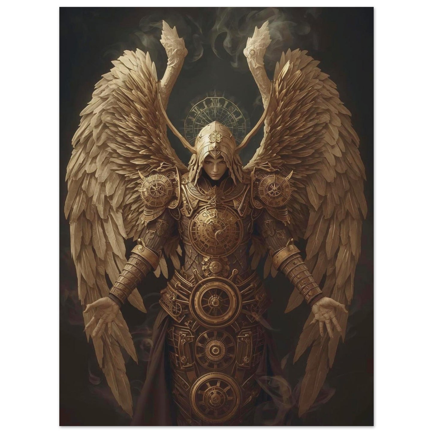 Angelic figure with detailed armor and wings against a dark background