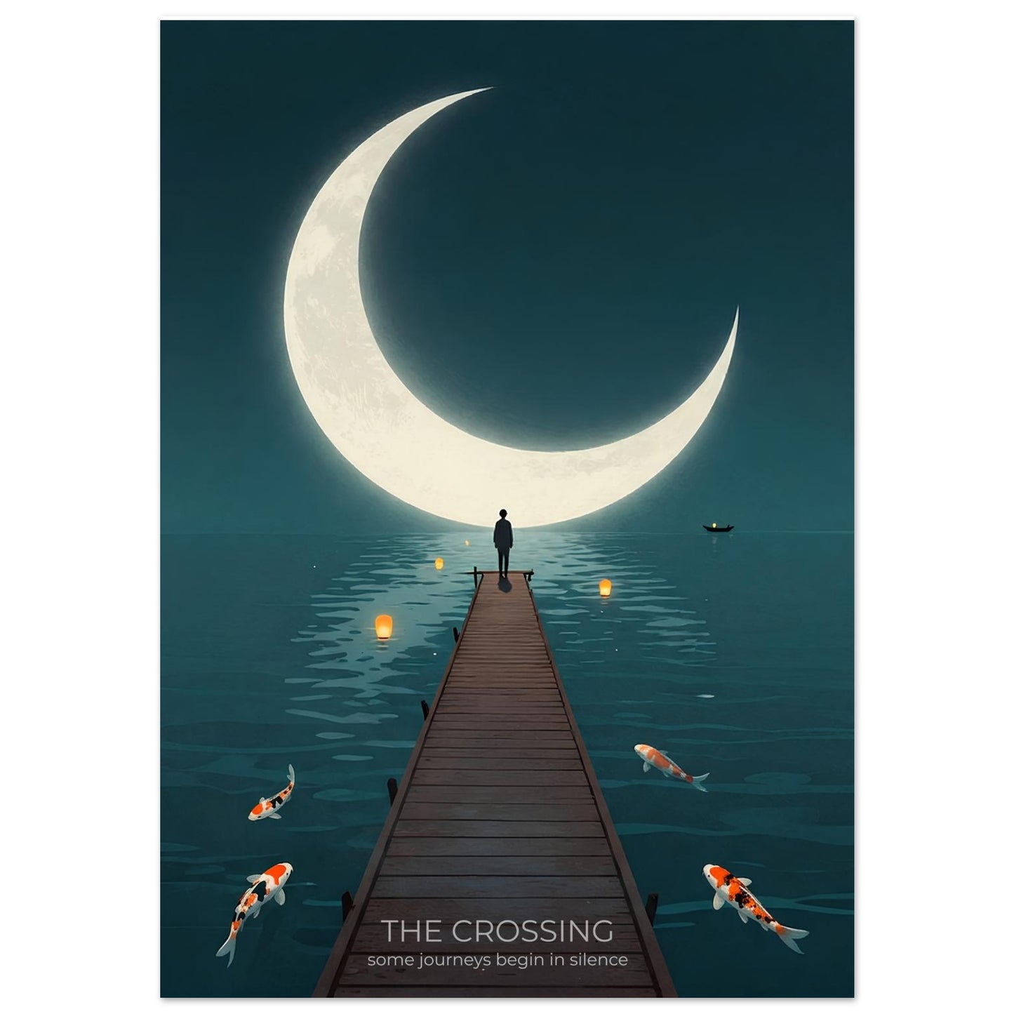 Close-up of The Crossing poster featuring a wooden pier leading toward a giant crescent moon over tranquil water with koi fish below.