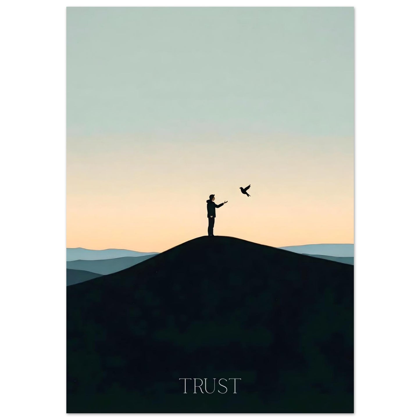 Silhouette of a person on a hill with a bird, against a gradient sky with 'TRUST' at the bottom.