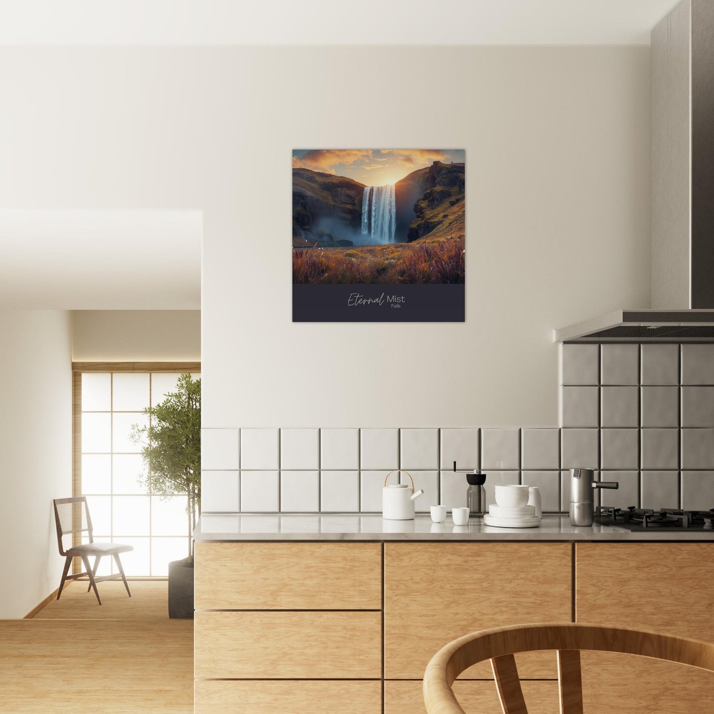 Eternal Mist Waterfall Poster | Sunset Landscape Wall Art | Modern Nature Decor