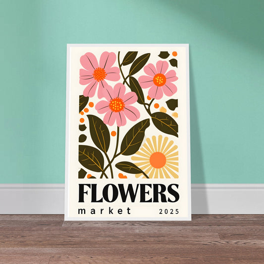 Minimalist framed flower and typography print on white background with pink-orange blooms and bold modern font â€“ wall art for office or home