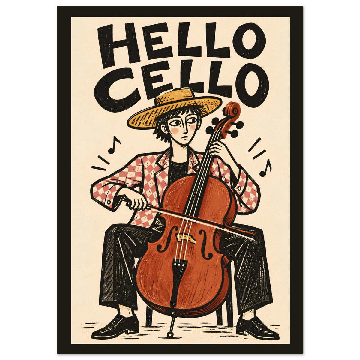 A framed art print featuring a stylized illustration of a person playing a cello, with the text 'HELLO CELLO' above. The print has a cream background, bold black lettering, and a black frame.