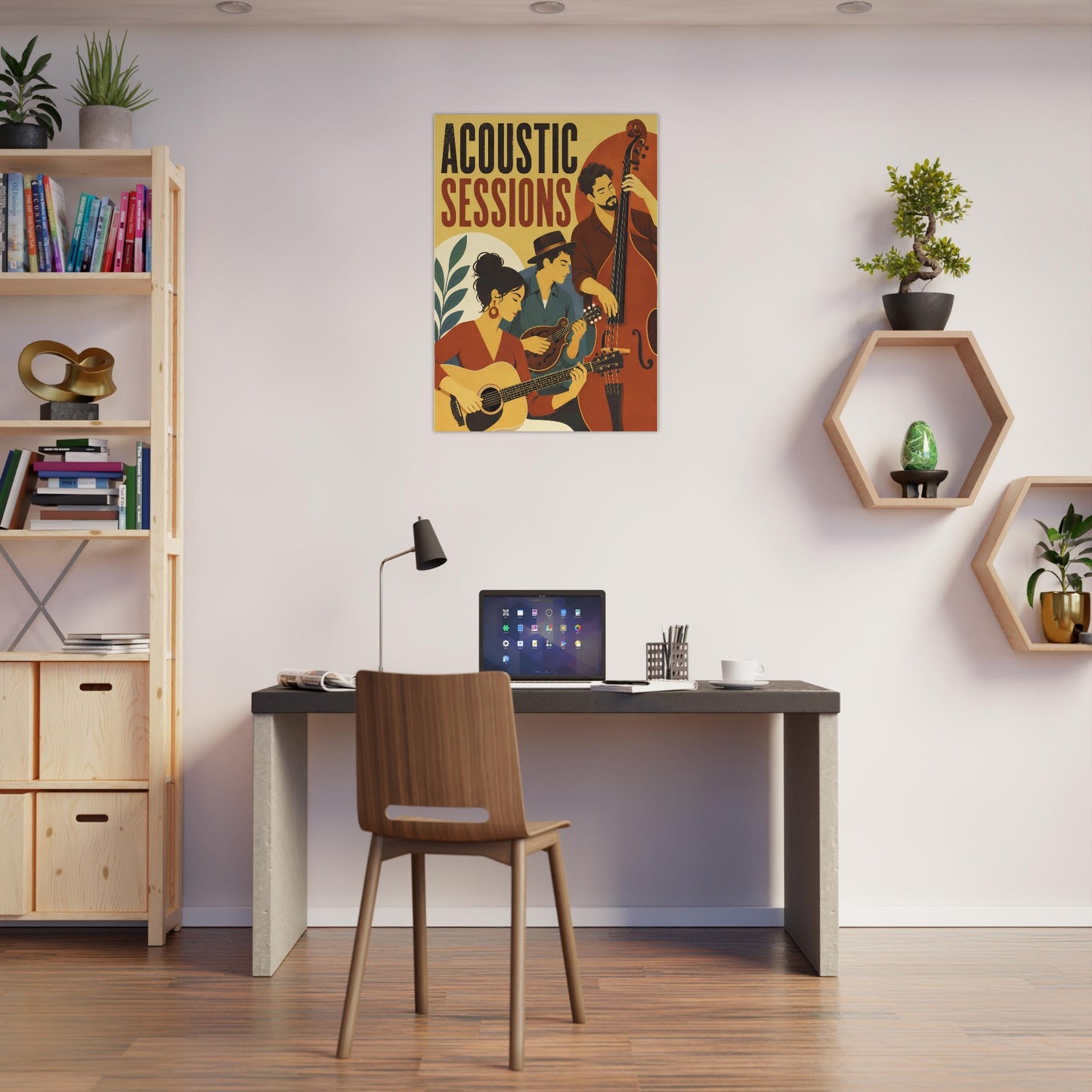 A framed poster reading 'ACOUSTIC SESSIONS' hangs on a white wall above a desk in a styled home office. The room includes a wooden chair, laptop, bookshelf, hexagonal wall shelves with plants, and wood flooring.