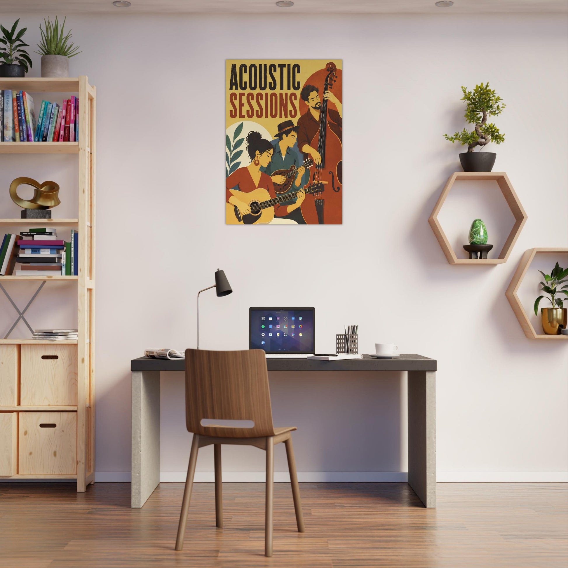 A framed poster reading 'ACOUSTIC SESSIONS' hangs on a white wall above a desk in a styled home office. The room includes a wooden chair, laptop, bookshelf, hexagonal wall shelves with plants, and wood flooring.