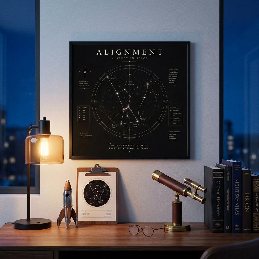 Minimalist constellation wall art with geometric astronomy design displayed above a desk in a contemporary home office.