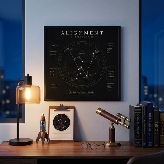 Minimalist constellation wall art with geometric astronomy design displayed above a desk in a contemporary home office.