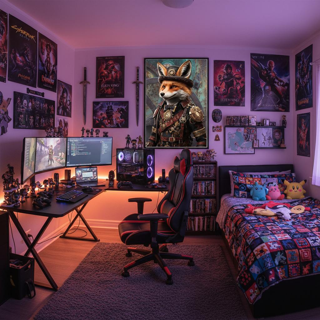 Personalized gaming room with posters, a desk setup, and a bed with plush toys.