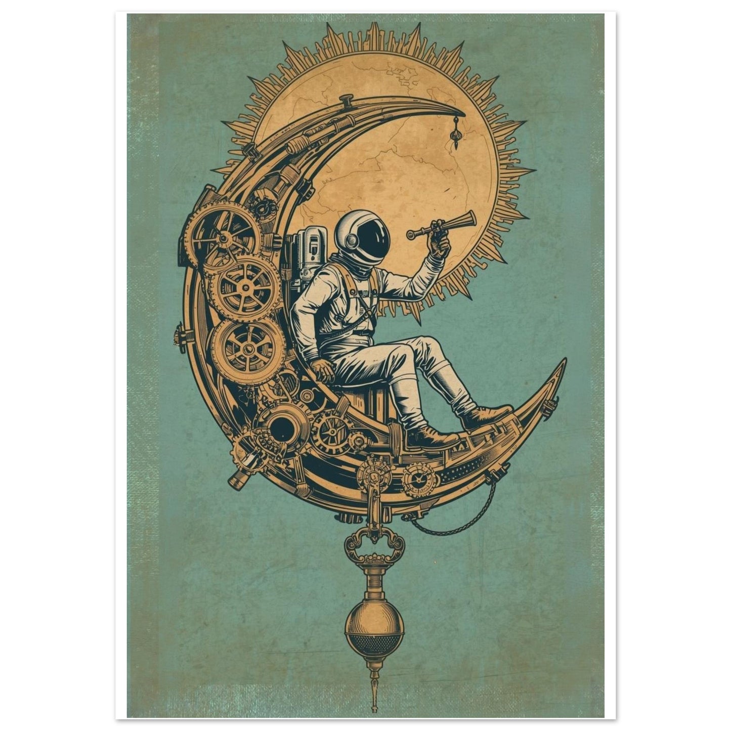 Steampunk astronaut wall art featuring an astronaut sitting on a mechanical crescent moon with gears and a celestial sun on a vintage teal background.