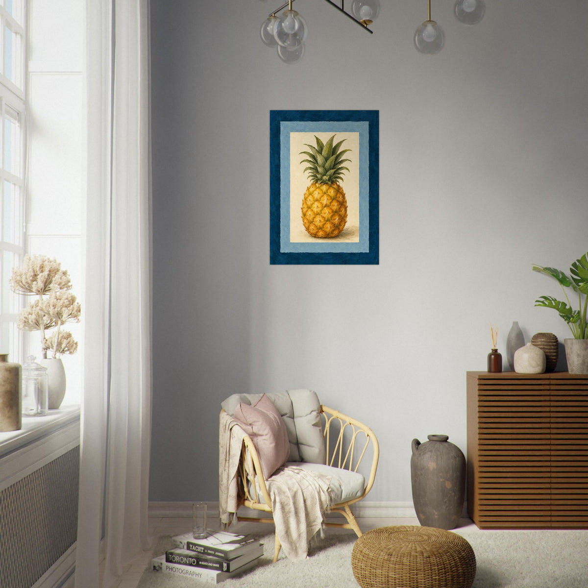 A framed art print of a pineapple with a blue border hangs on a light gray wall in a styled room with a wicker chair, a wooden cabinet, and a potted plant.
