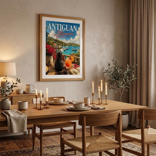 Dining room with a wooden table set for dinner, framed poster of Antigua, and decorative elements.