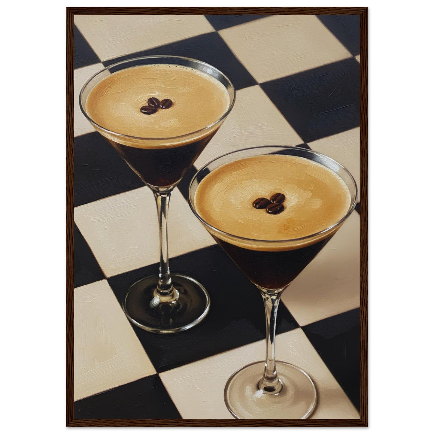 Framed Espresso Martini print featuring two classic cocktails with rich coffee tones and a geometric checkerboard pattern.