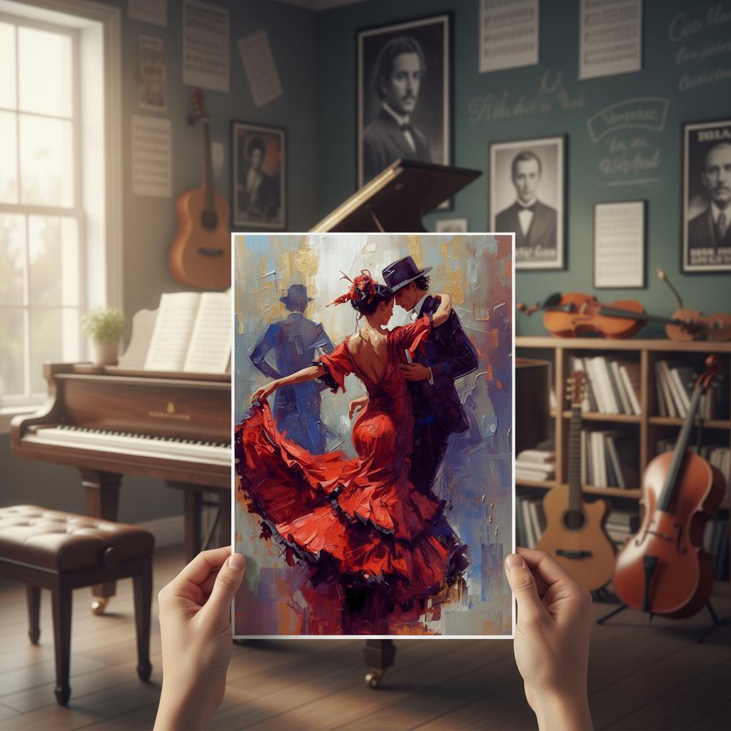 Person holding a painting of a couple dancing in a room with musical instruments and framed pictures.