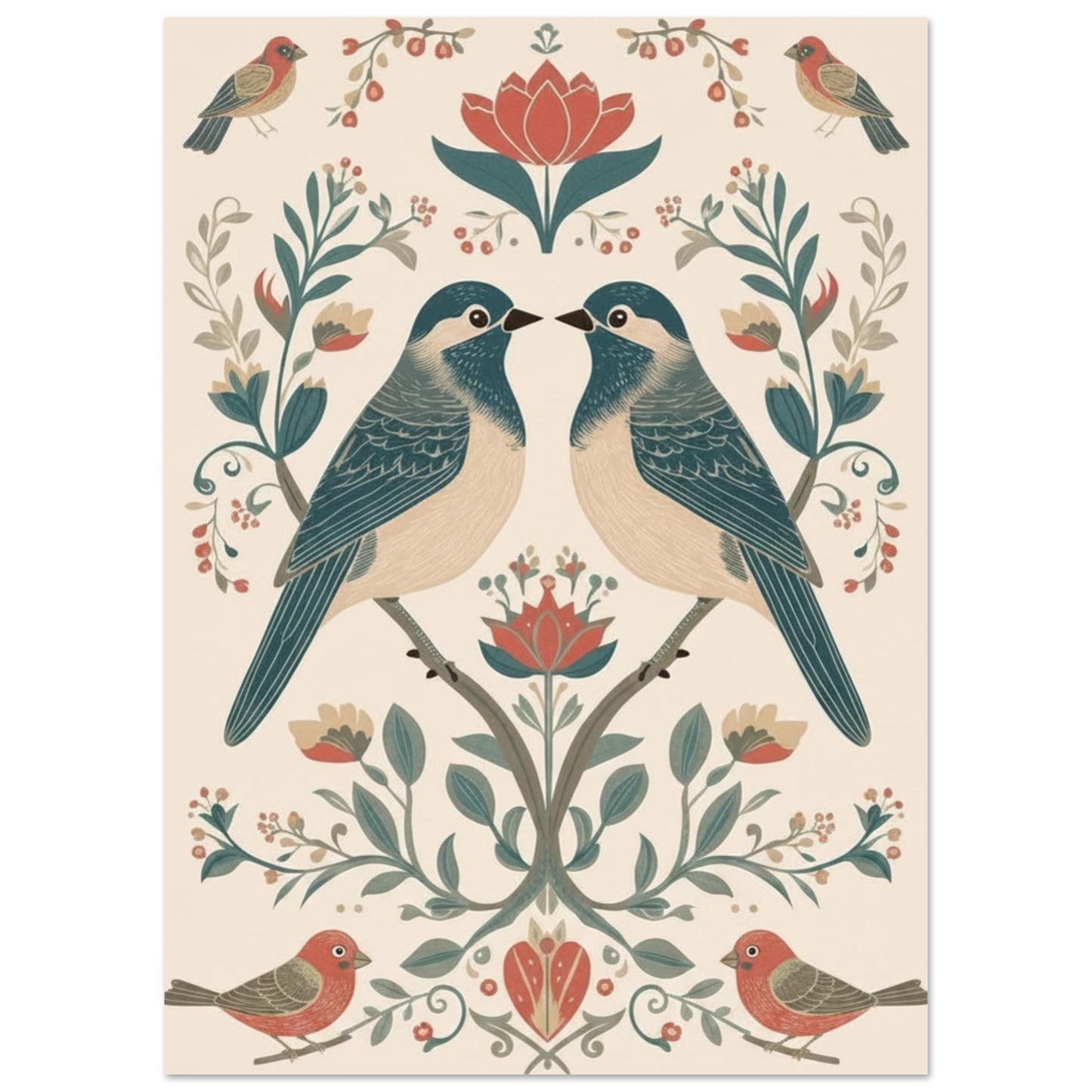 Close-up of Scandinavian folk art bird poster showing detailed floral and symmetrical design