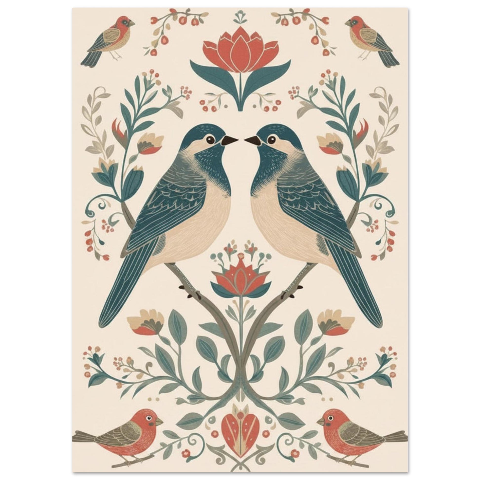 Close-up of Scandinavian folk art bird poster showing detailed floral and symmetrical design