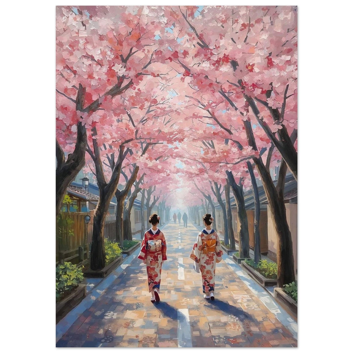 Poster of Two women in traditional Japanese kimono walking under cherry blossom trees.