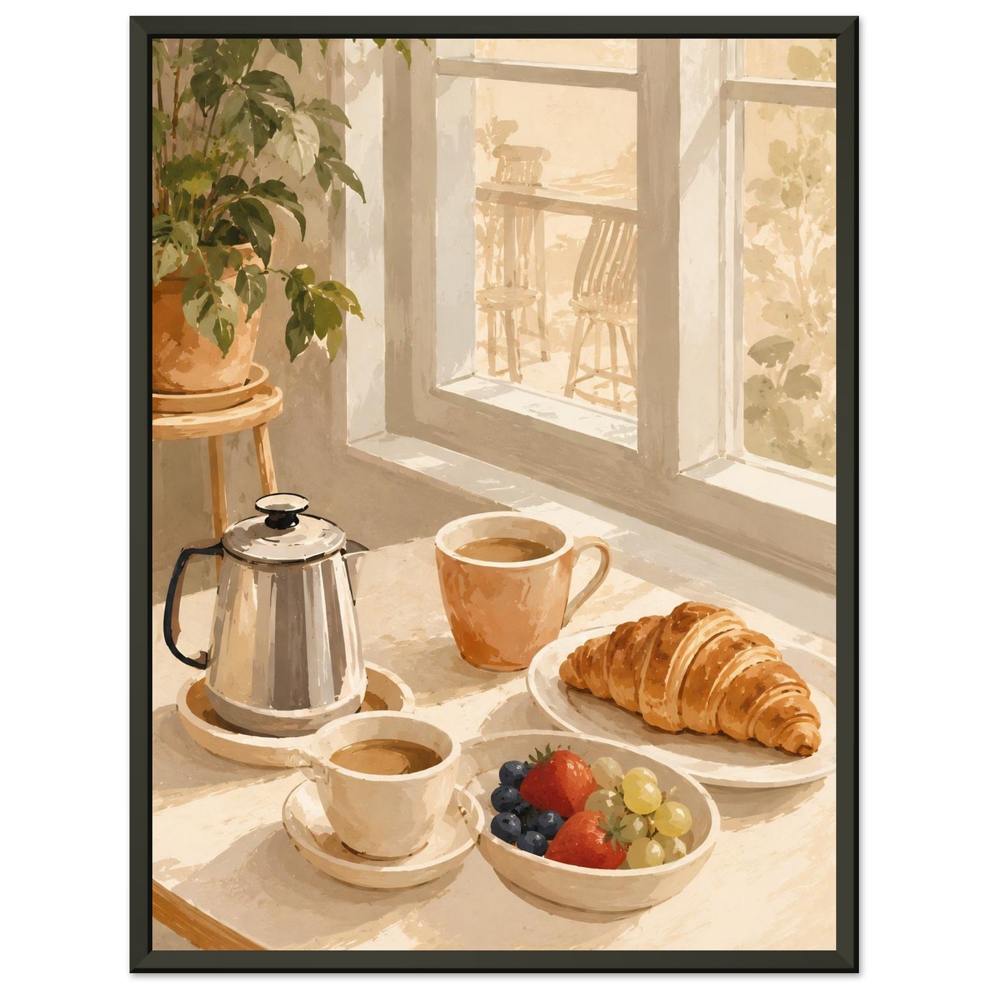 Café au lait with croissant and fruit on a windowsill with sunlight
