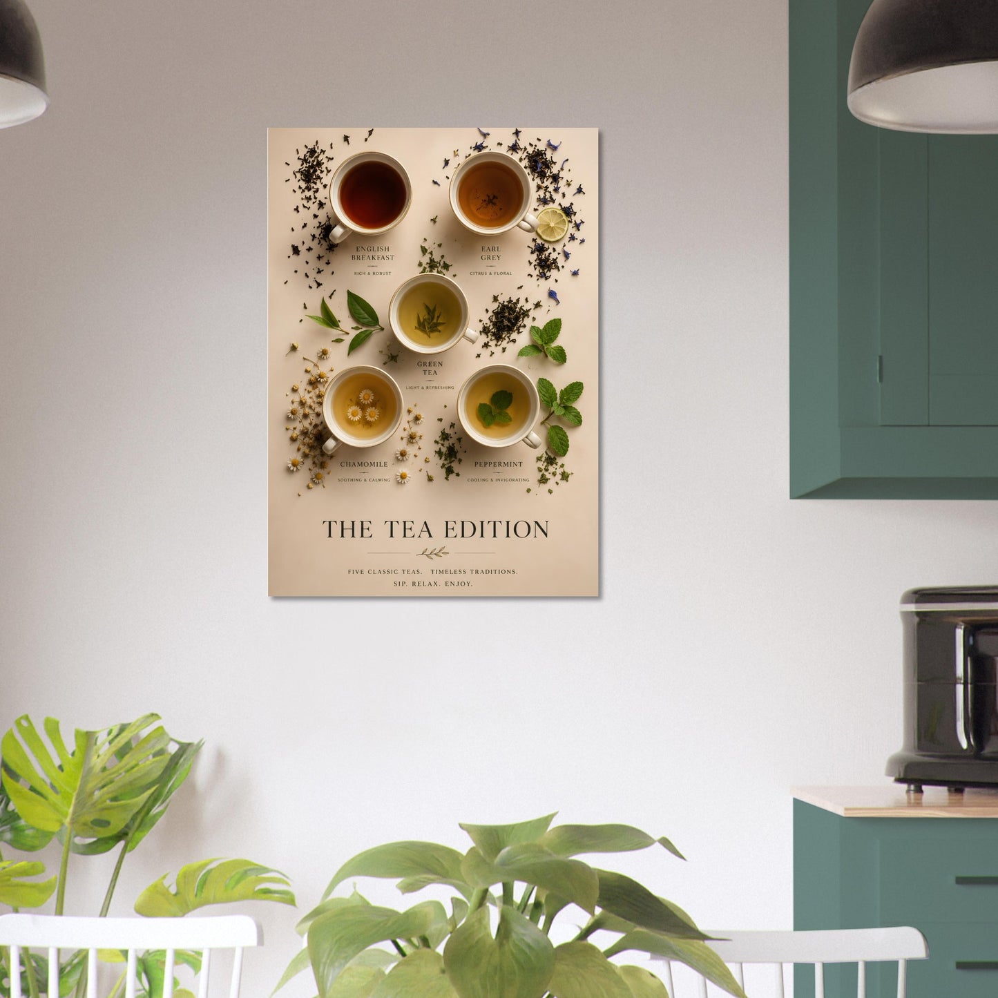 Decorative wall art titled 'The Tea Edition' in a kitchen setting with plants and a coffee maker.