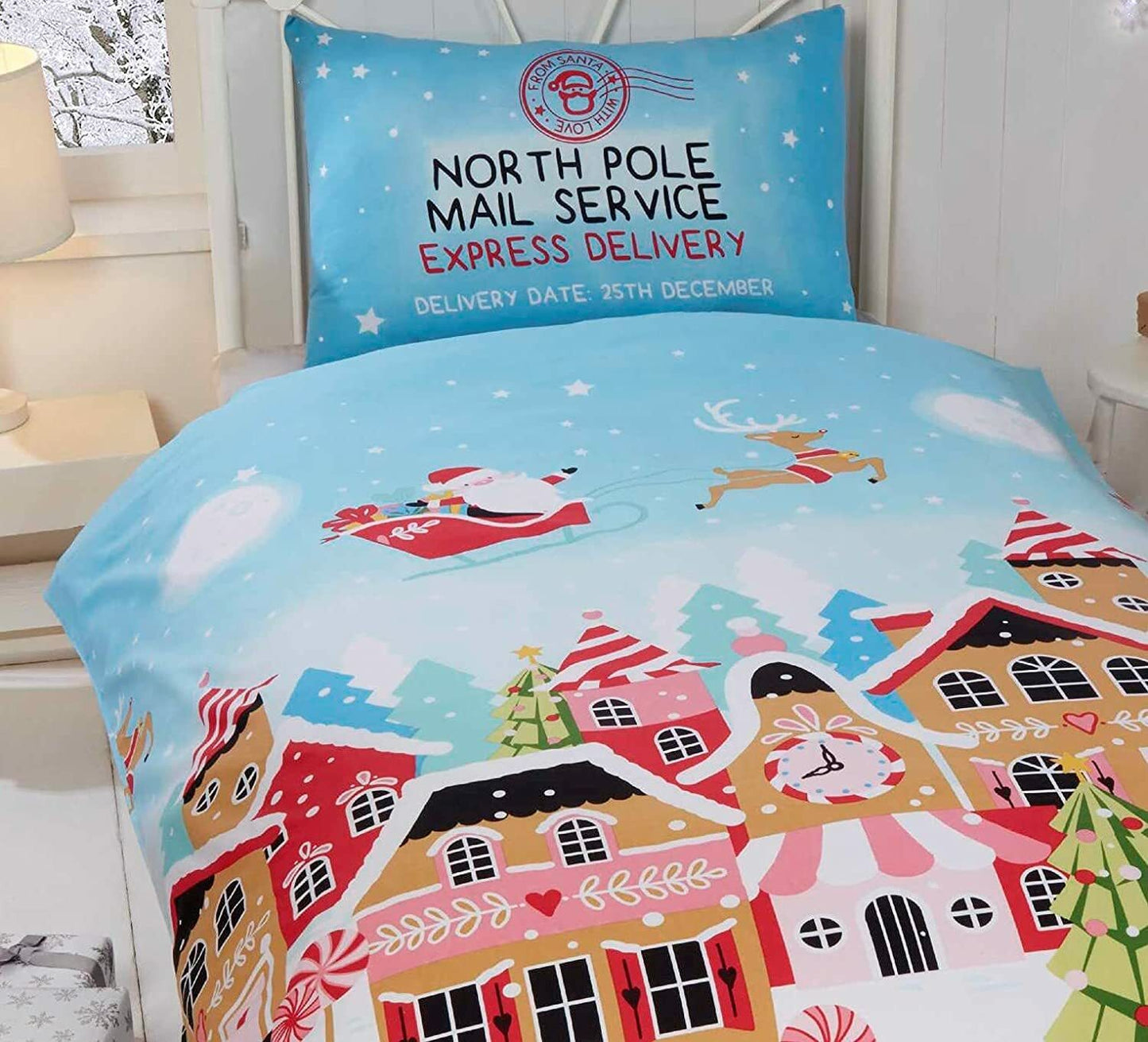 Christmas Santa Gingerbread Town Duvet Quilt Cover Bedding Set with Pillowcase