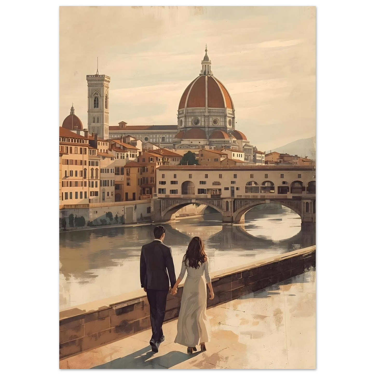Romantic Florence wall art featuring a couple by the Arno River with the Duomo and Ponte Vecchio in warm vintage tones. Elegant Italian city decor.