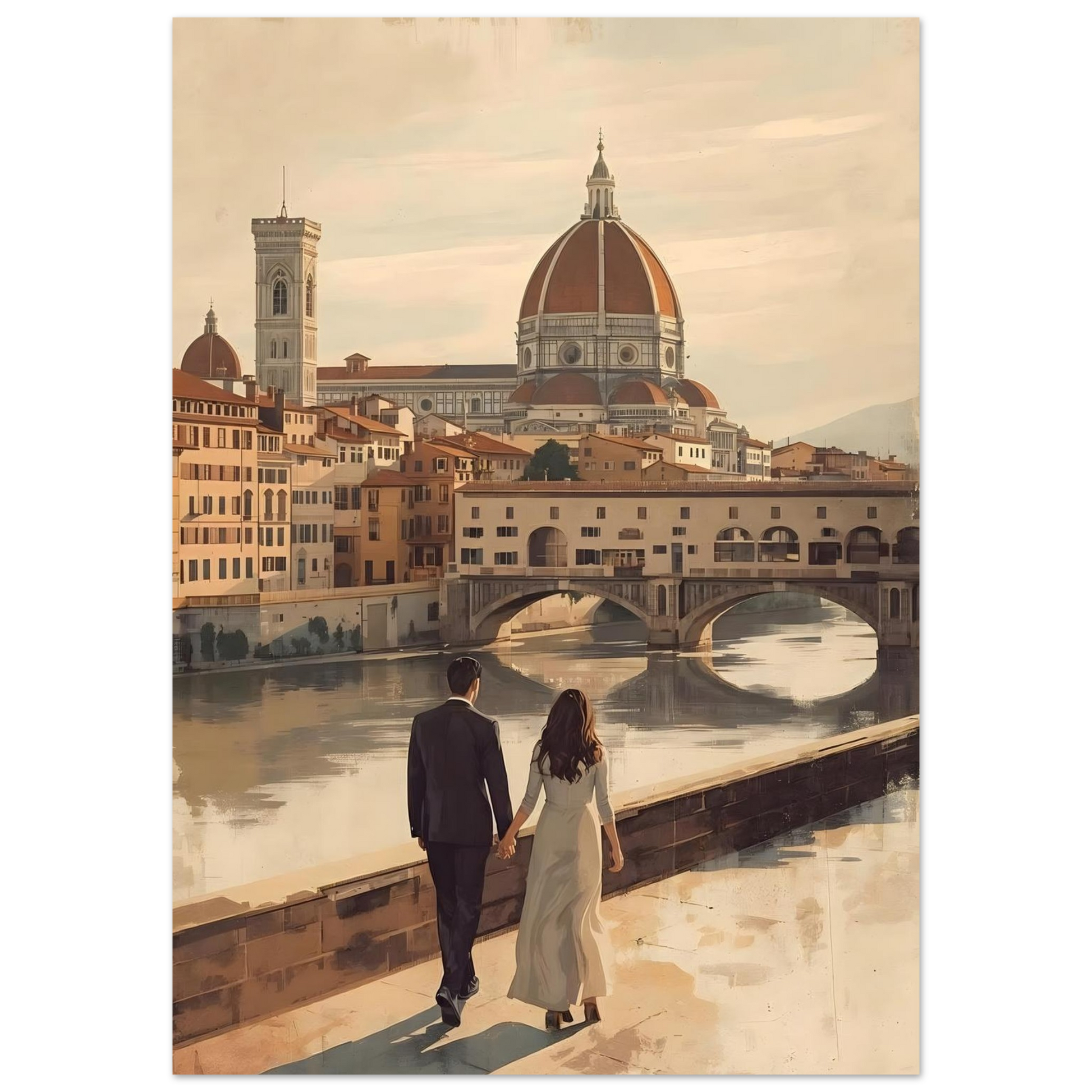 Romantic Florence wall art featuring a couple by the Arno River with the Duomo and Ponte Vecchio in warm vintage tones. Elegant Italian city decor.