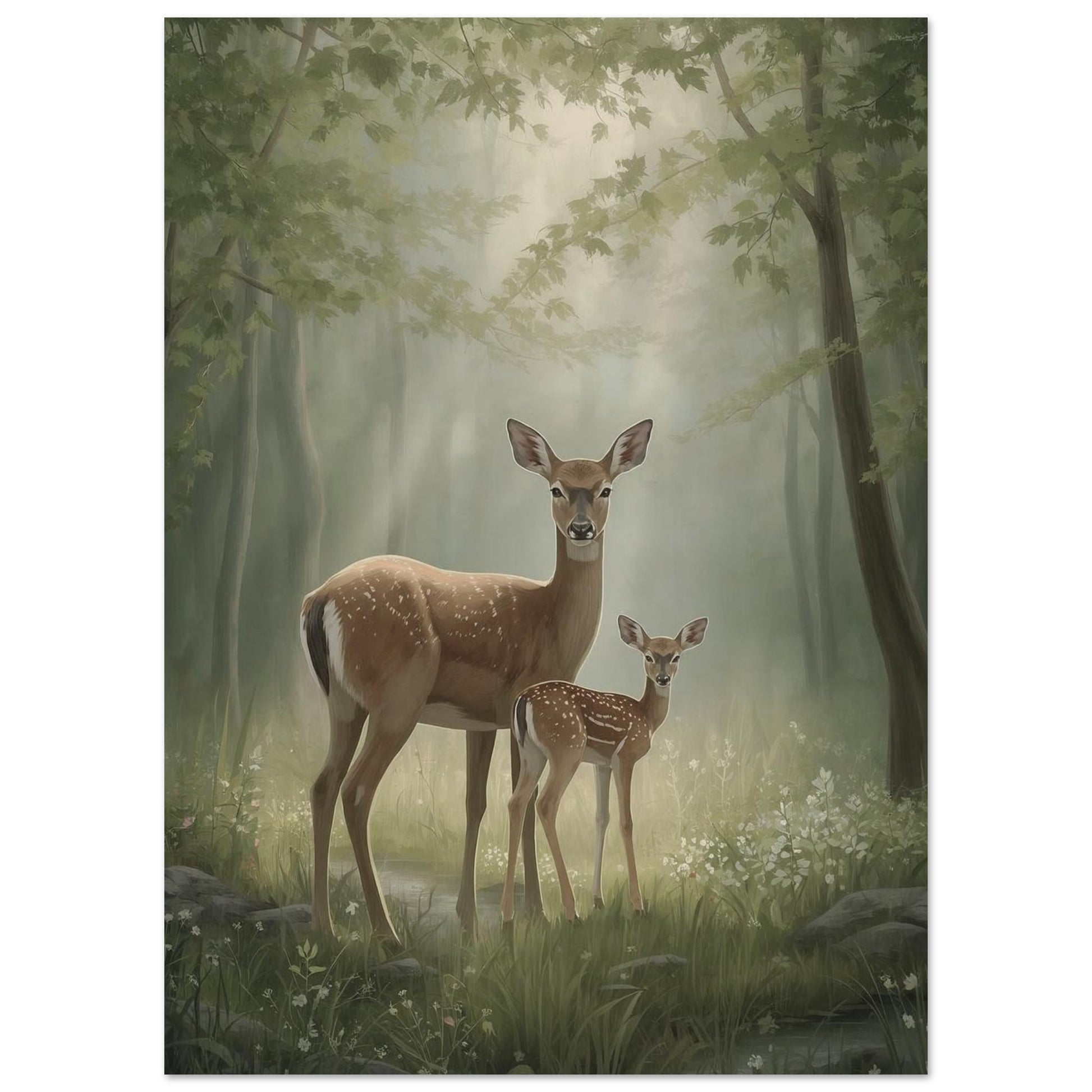 mother and fawn deer wall art poster in soft spring forest scene
