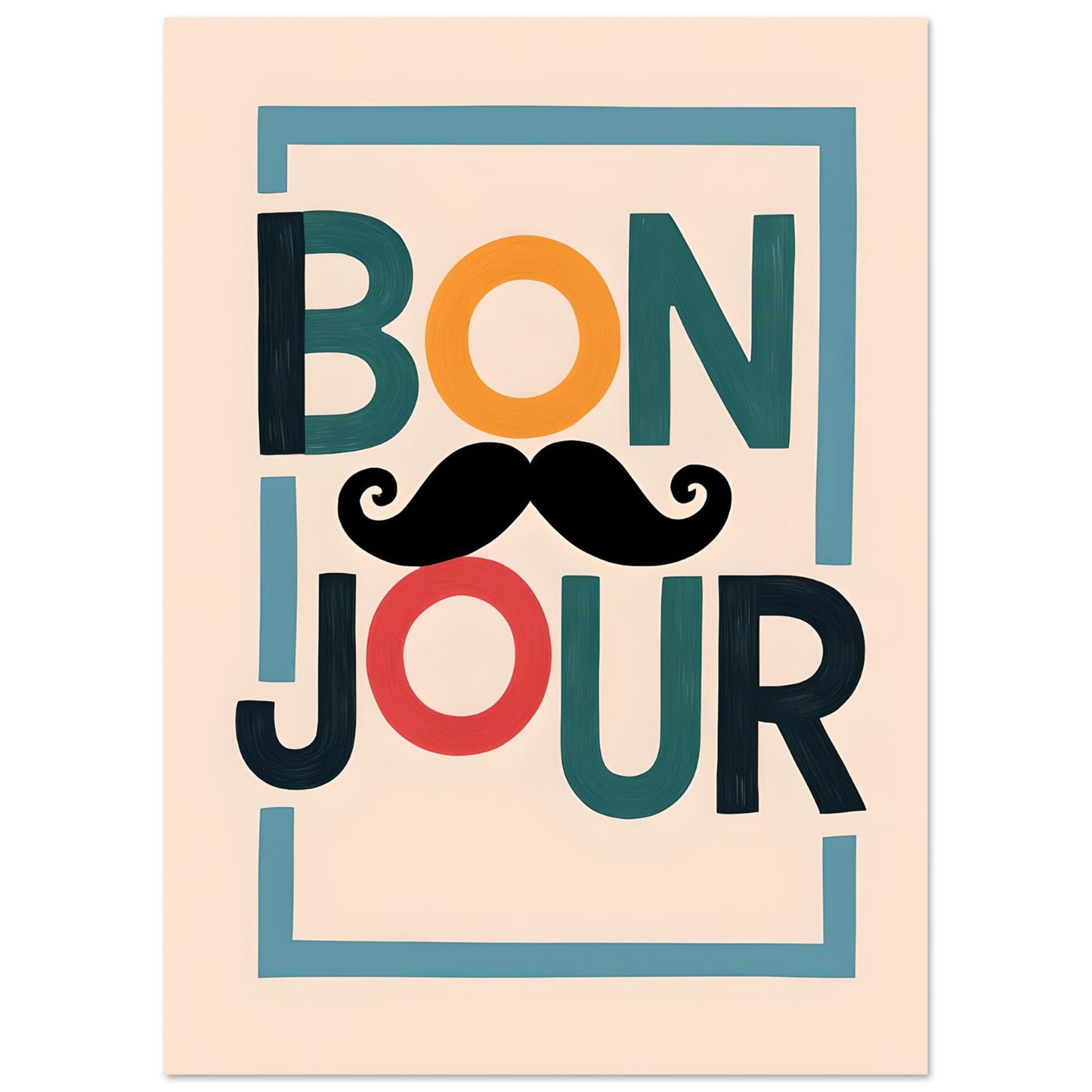 Bonjour Poster - Quirky French Greeting Wall Art with Mustache - Fun Living Room & Café Decor