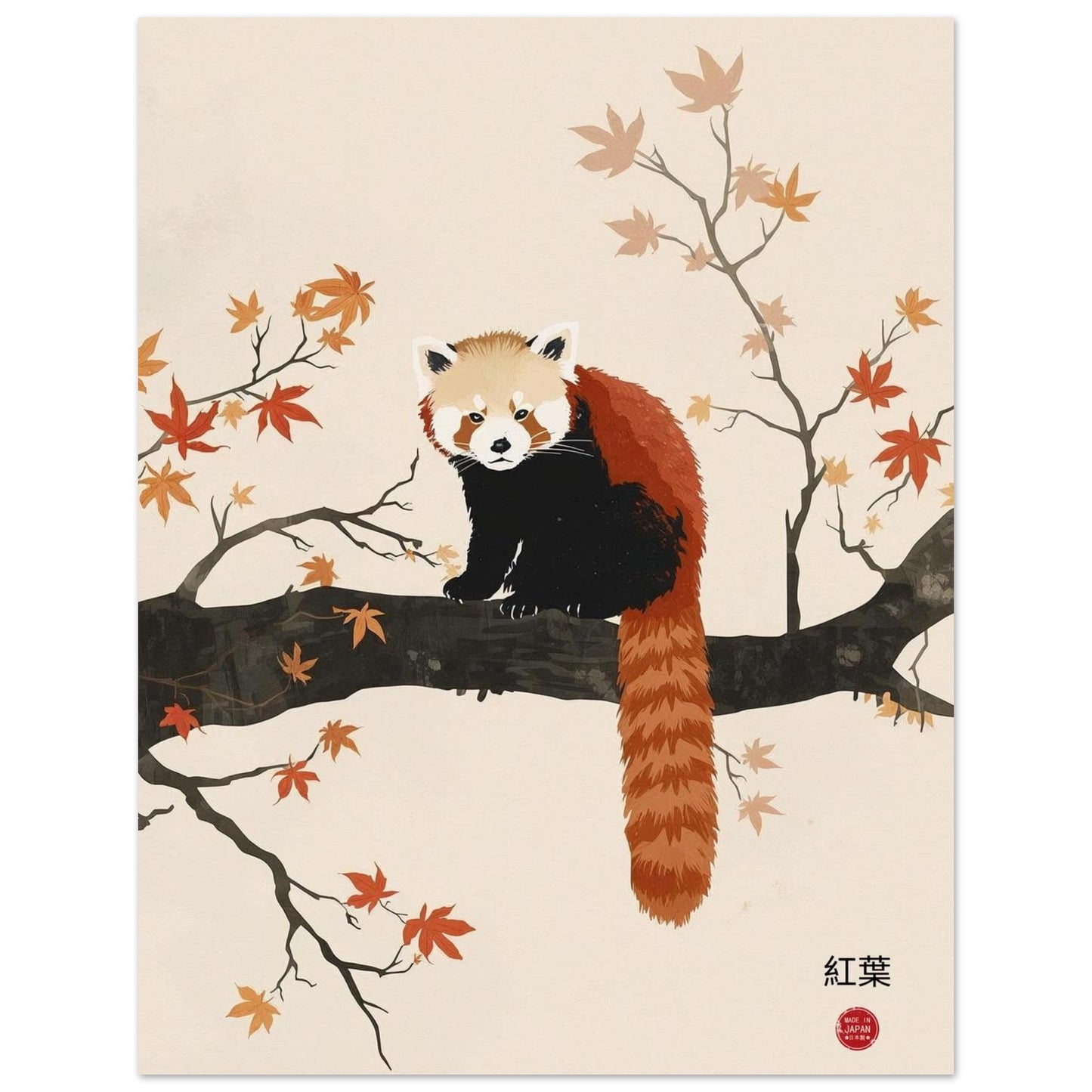 Illustration of a red panda on a branch with autumn leaves