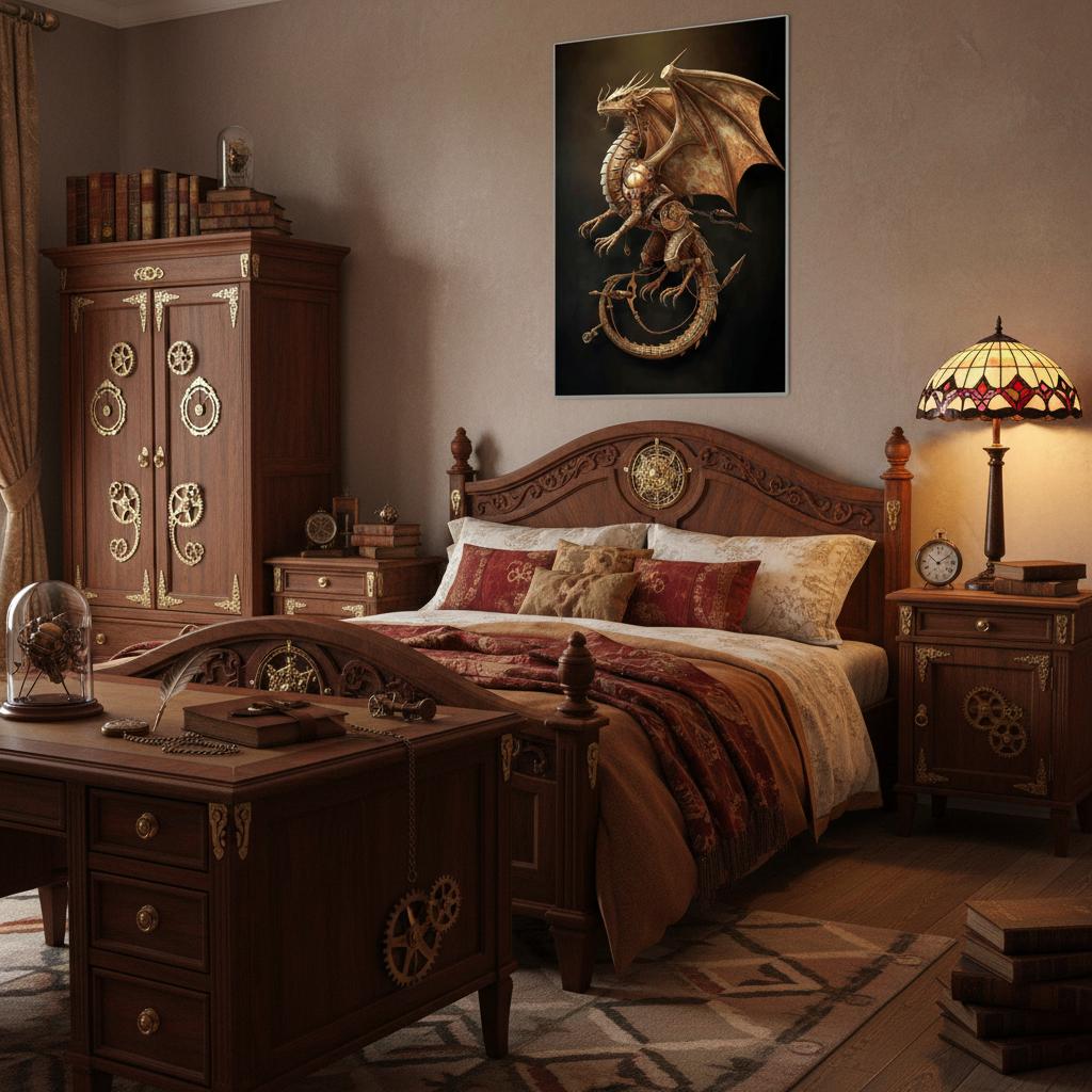 Decorative bedroom with wooden furniture, bed, and a dragon painting on the wall.