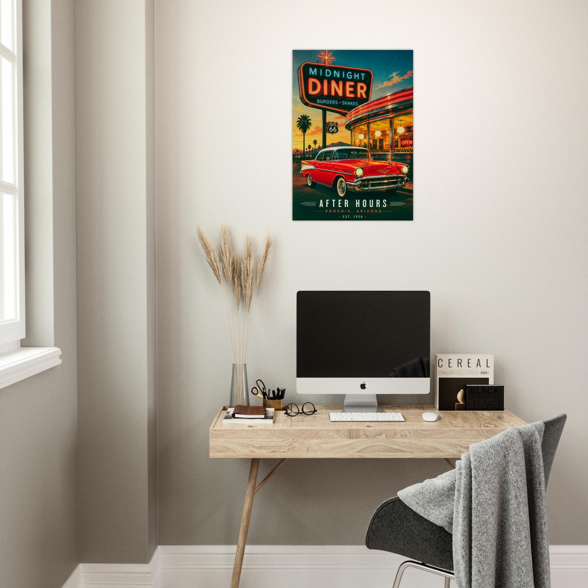 Modern office setup with a 'Midnight Diner' poster on the wall.